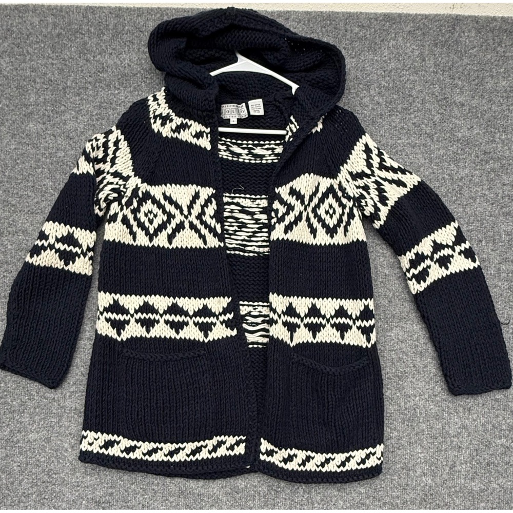 Saks Fifth Avenue Folio Hooded Cardigan Navy Cream Fair Isle Chunky Knit Small
